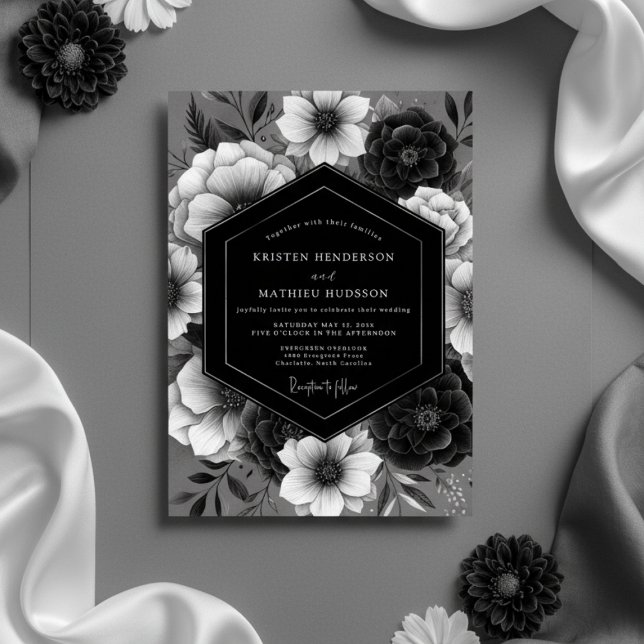 Convite Casamento de Romance Opulento com Floral Preto (Criador carregado)