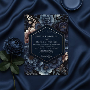 Convite Casamento de Romance Opulento com Flores Navy