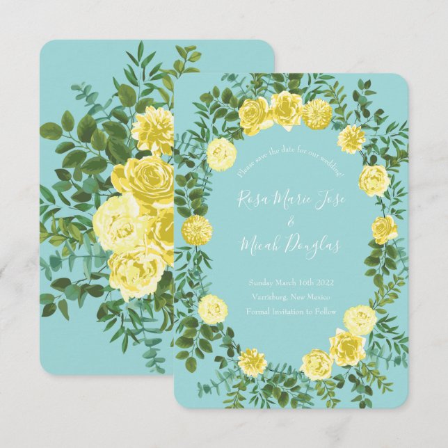 Convite Casamento de Rosa Aquática Verde-azulado e Amarelo (Frente/Verso)