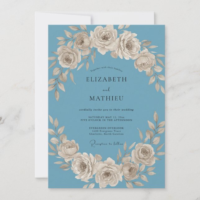 Convite Casamento de Rosa Atemporal Azul Empoeirado (Frente)