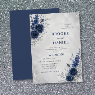 Convite Casamento de Rosa Azul Água Delphinium Prata