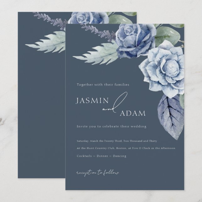 Convite Casamento de Rosa Azul Ardesia Elegante (Frente/Verso)