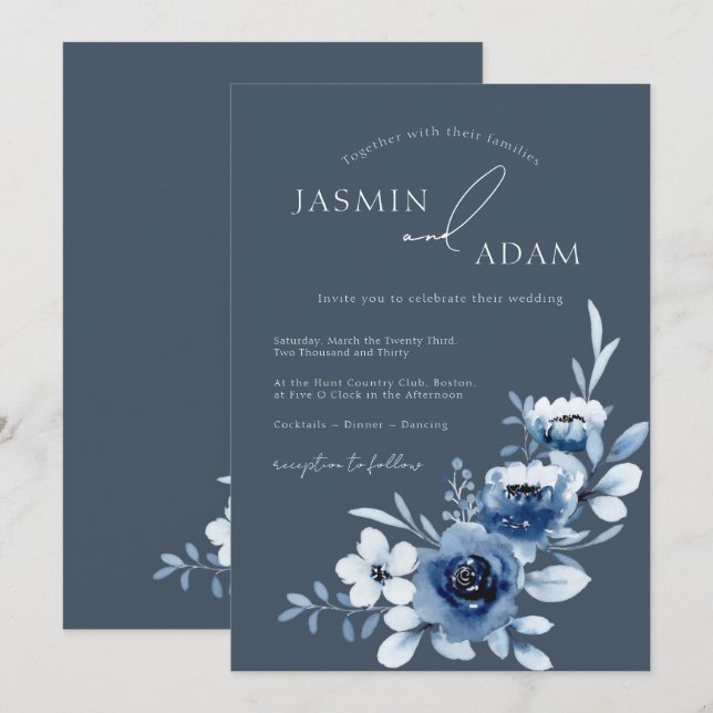 Convite Casamento de Rosa Azul Arranhado Elegante (Frente/Verso)