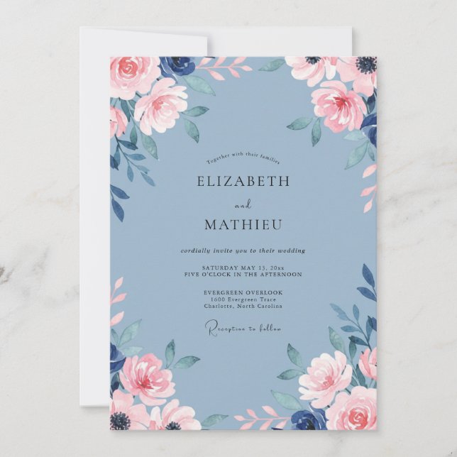Convite Casamento de Rosa Azul Elegante e Empolvilhada (Frente)