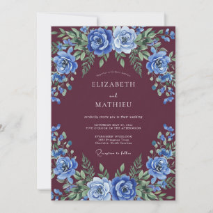 Convite Casamento de Rosa Azul Luxuriante Borgonha