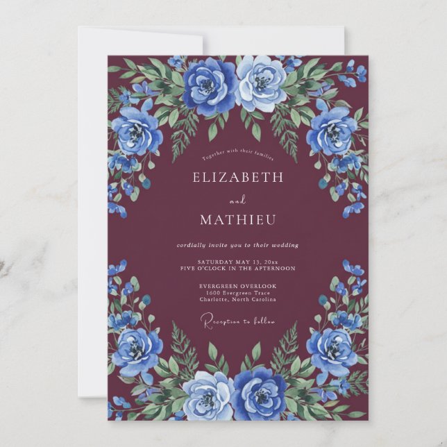 Convite Casamento de Rosa Azul Luxuriante Borgonha (Frente)
