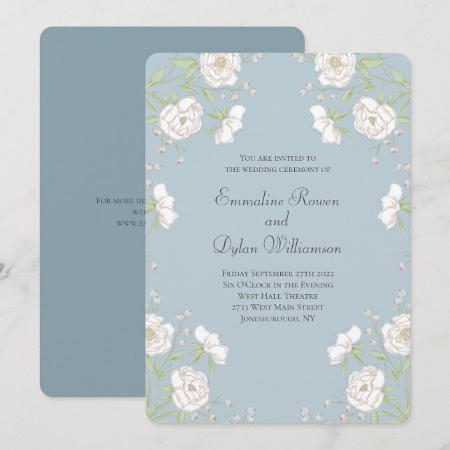 Convite Casamento de Rosa Branca Azul Empoeirada (Frente/Verso)