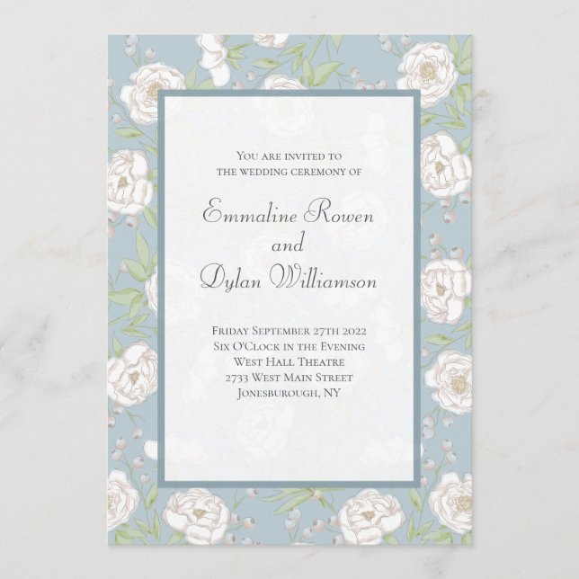 Convite Casamento de Rosa Branca Azul Empoeirada (Frente)