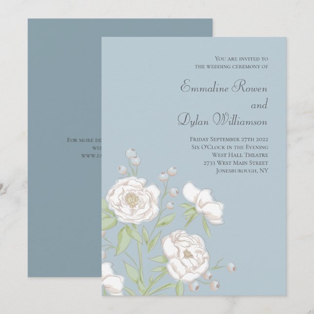Convite Casamento de Rosa Branca Azul Empoeirada (Frente/Verso)