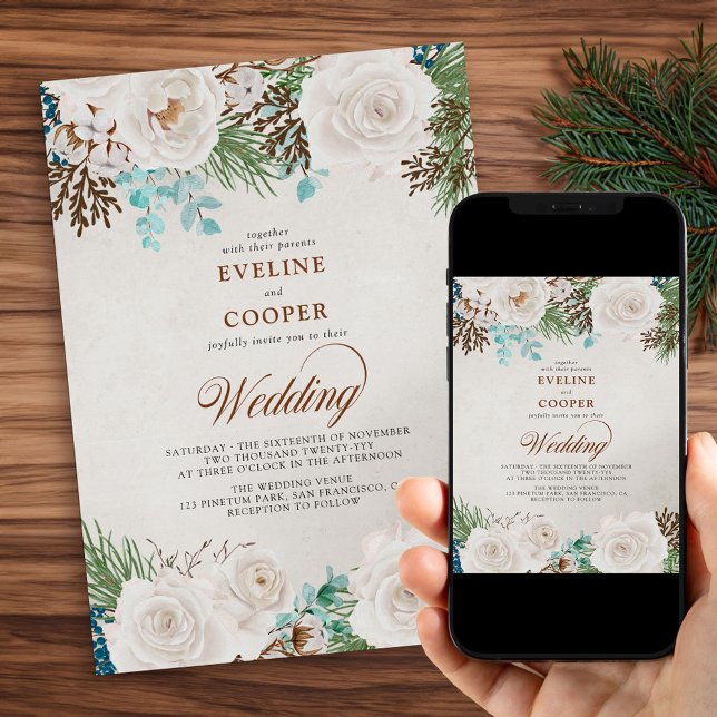 Convite Casamento de Rosa Branca com Aquarela Floral de in (Winter Wedding Invitation with Pine Eucalyptus and White Roses. Order Printed or Printable Download.)