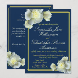 Convite Casamento de Rosa Branca com Roda Azul-Dourada, Ma