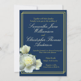 Convite Casamento de Rosa Branca com Roda Azul-Dourada, Ma