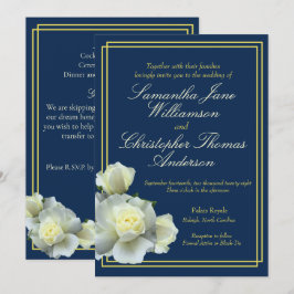 Convite Casamento de Rosa Branca com Roda Azul-Dourada, Ma