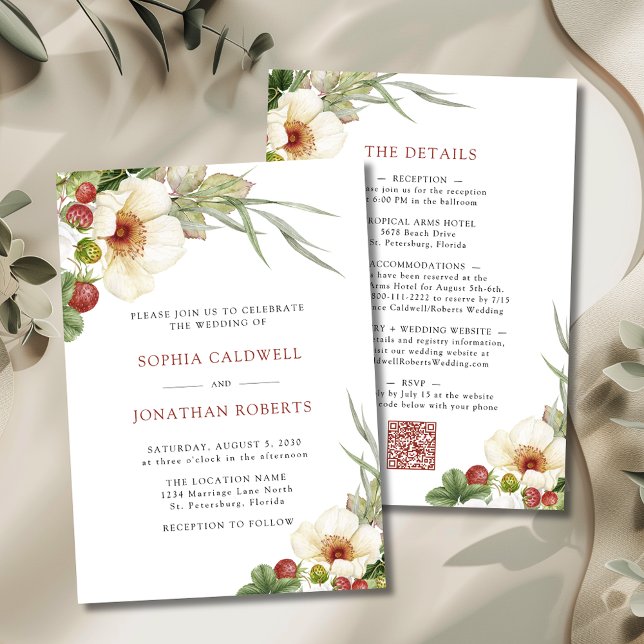 Convite Casamento de Rosa Branca e Morango Selvagem (White Roses and Wild Strawberries Wedding Invitations)