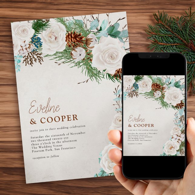 Convite Casamento de Rosa Branca e Pinheiro (Winter Wedding Invitation with Pine Eucalyptus and White Roses. Order Printed or Printable Download.)