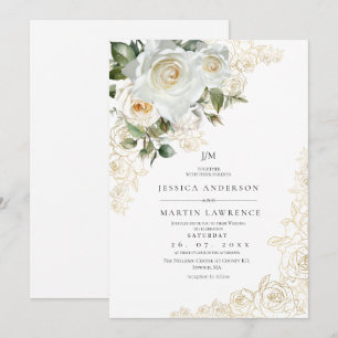 Convite Casamento de Rosa Branca Elegante Dourada