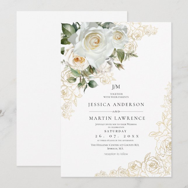 Convite Casamento de Rosa Branca Elegante Dourada  (Frente/Verso)