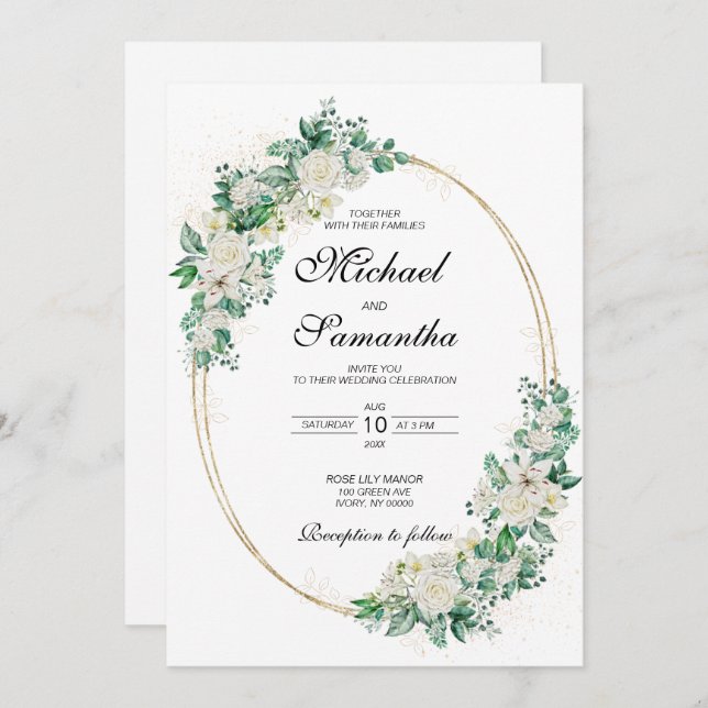 Convite Casamento de Rosa Branca Elegante e Lírios (Frente/Verso)