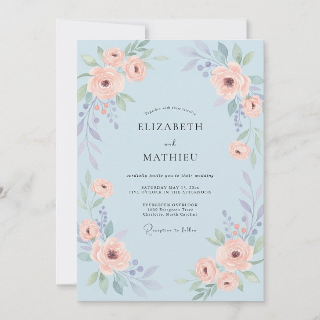 Convite Casamento de Rosa Caprichosa Azul Pó (Frente)