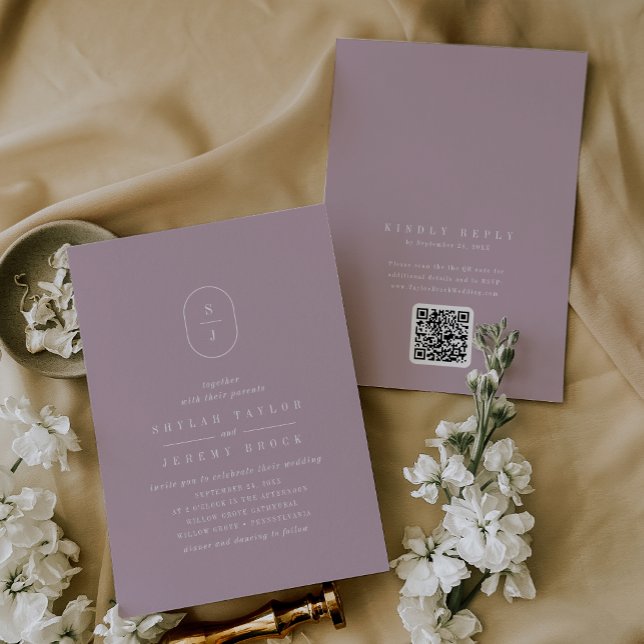 Convite Casamento de Rosa com Lilac Dusty do Código HQR Mi (SHYLAH QR Code Minimalist Lilac Dusty Rose Wedding Invitation)