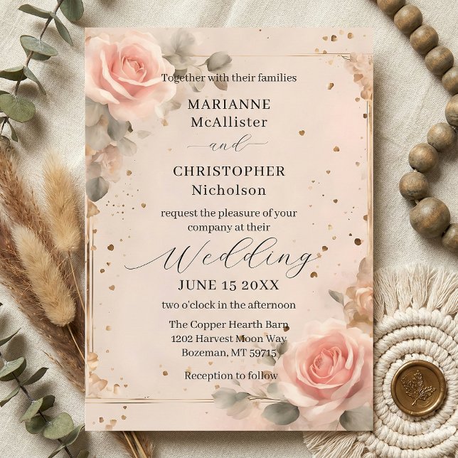Convite Casamento de Rosa Cor-de-Rosa em Aquarela Romântic (Criador carregado)
