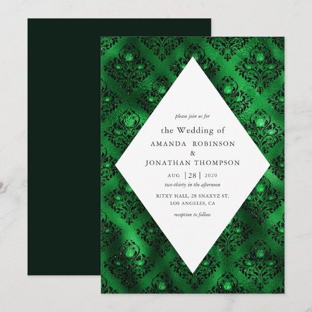 Convite Casamento de Rosa Damasko Verde Esmeralda e Preto  (Frente/Verso)