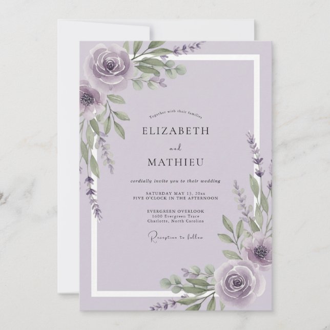 Convite Casamento de Rosa de Aguarela Malva (Frente)