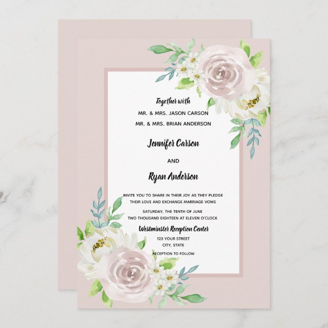 Convite Casamento de Rosa de Aquarela Floral de Rosewood S (Frente/Verso)