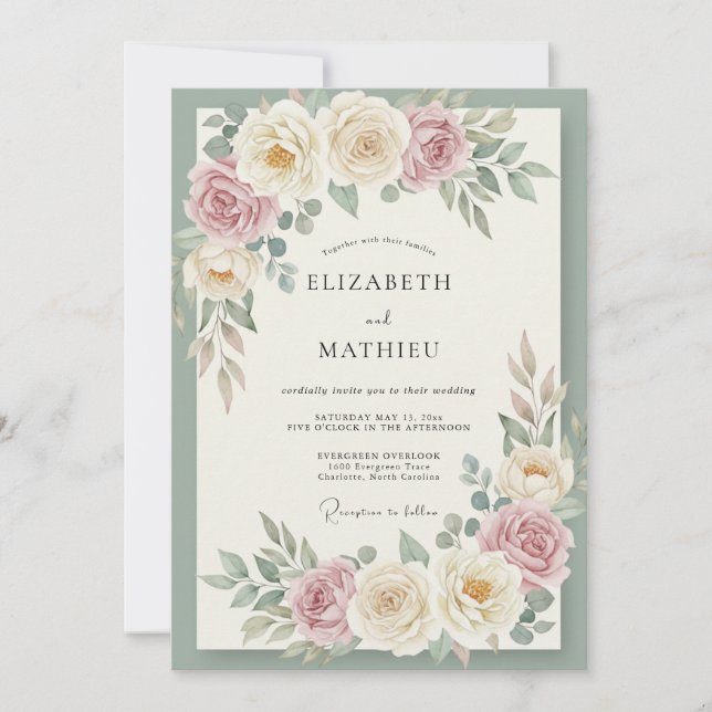 Convite Casamento de Rosa de Blush Creme (Frente)