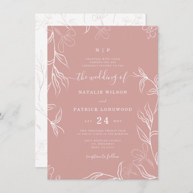 Convite Casamento de Rosa de Delicado Floral com Desenhos  (Frente/Verso)