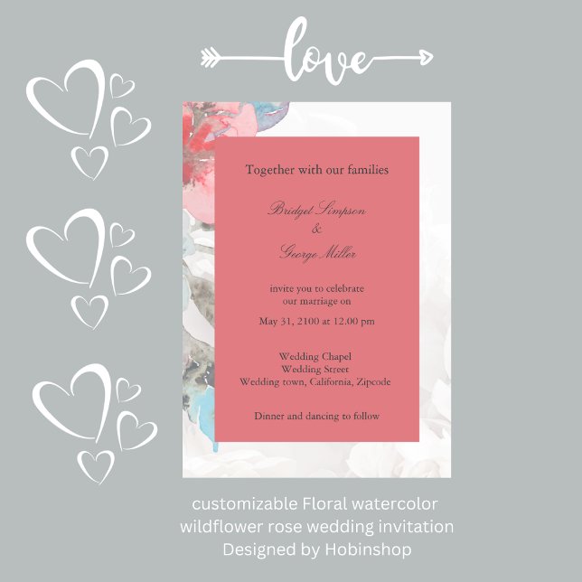 Convite Casamento de rosa de flor silvestre de aquarela fl (customizable Floral watercolor 
wildflower rose wedding invitation
Designed by Hobinshop)