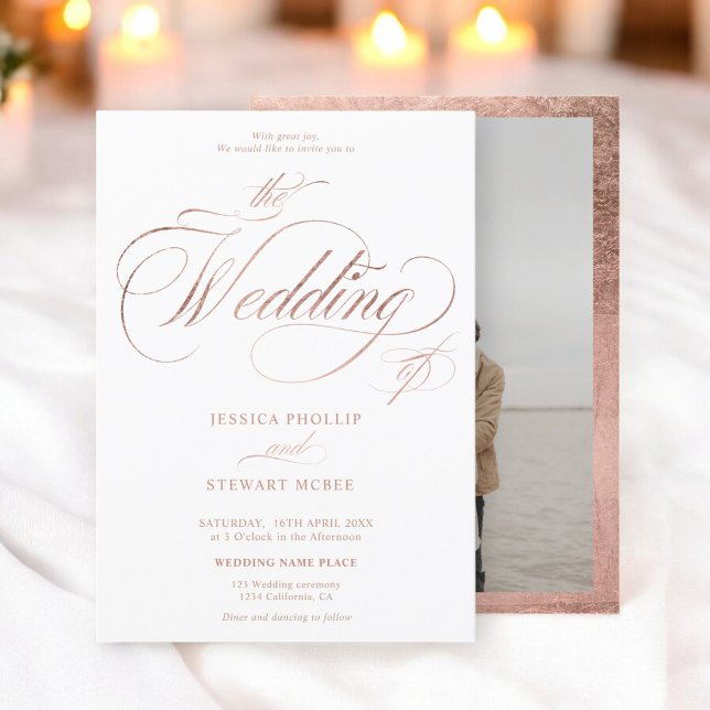 Convite Casamento de rosa de fotografia elegante com fotog (Chic rose gold elegant photo calligraphy wedding invitation)