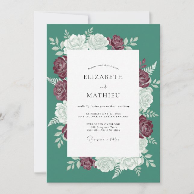 Convite Casamento de Rosa de Inverno Opulenta Azul-Verde (Frente)