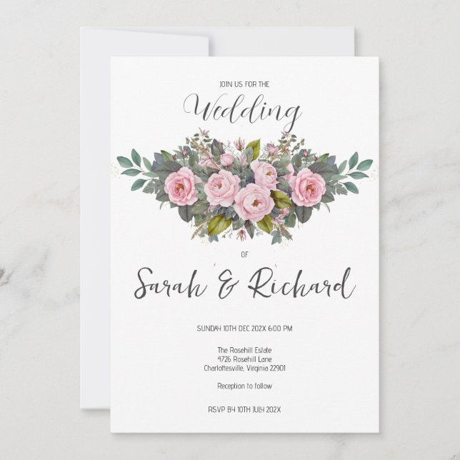 Convite Casamento de Rosa de Jardim Rosa Bege Romântico e  (Frente)