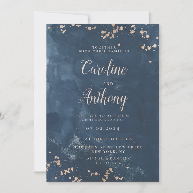 Convite Casamento de Rosa de Ouro Azul de Watercolor Indig (Frente)
