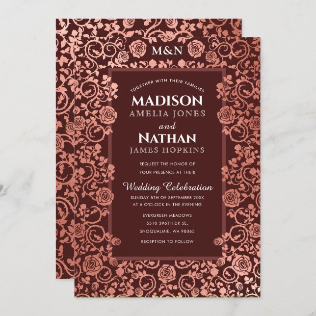 Convite Casamento de Rosa de Ouro Elegante Vitoriano (Frente/Verso)