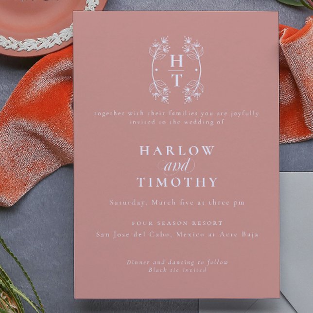 Convite Casamento de rosa de ouro floral de crest com mono (Elegant Monogram Floral Crest gold rose Wedding Invitation)