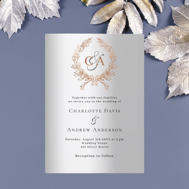 Convite Casamento de rosa de prata com monograma (Criador carregado)