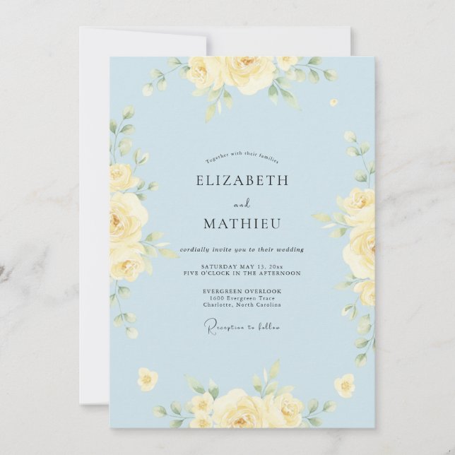 Convite Casamento de Rosa Delicada Azul Pó (Frente)