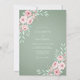 Convite Casamento de Rosa Delicada em Verde Salvia
