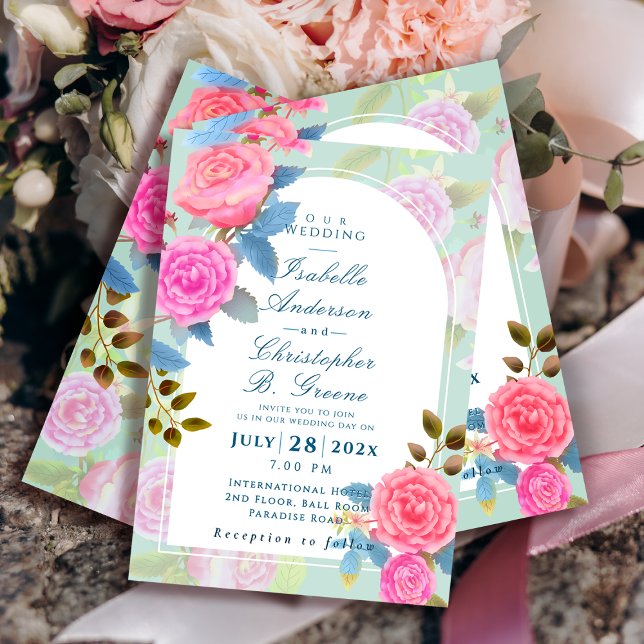Convite Casamento de Rosa do Jardim Romântico (Elegant Vintage Rose Arch Wedding Invitation.)
