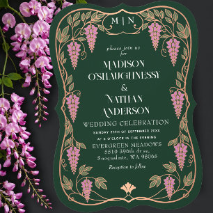 Convite Casamento de Rosa Dourada Art Nouveau com Wistéria