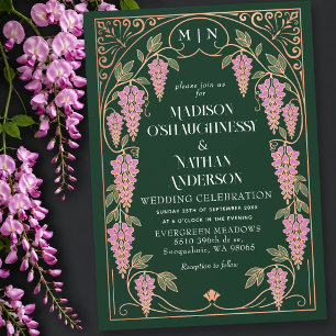 Convite Casamento de Rosa Dourada Art Nouveau com Wistéria