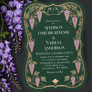 Convite Casamento de Rosa Dourado Art Nouveau Roxo Wisteri