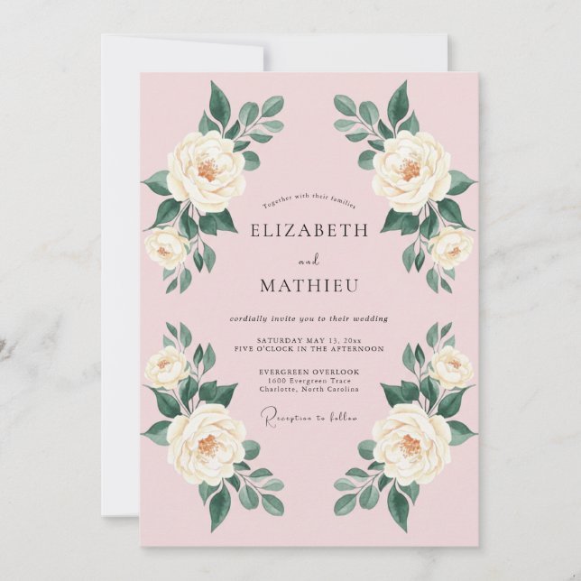 Convite Casamento de Rosa Elegante Rosa Cor-de-Rosa (Frente)