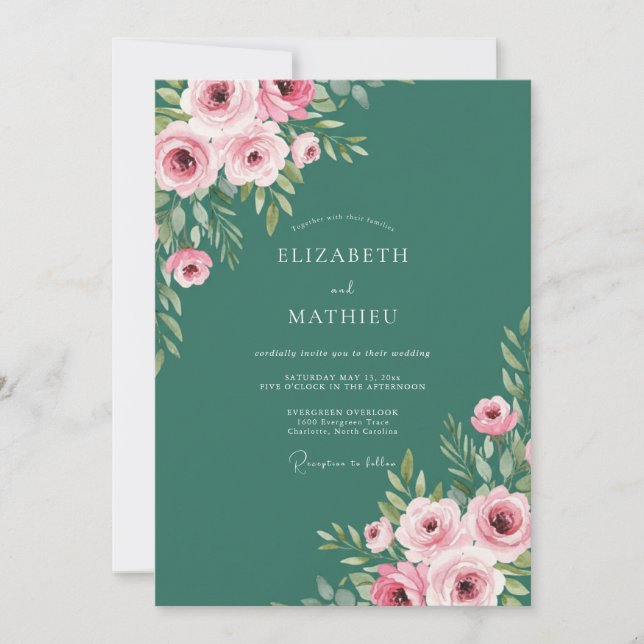 Convite Casamento de Rosa Elegante Verde Floresta (Frente)
