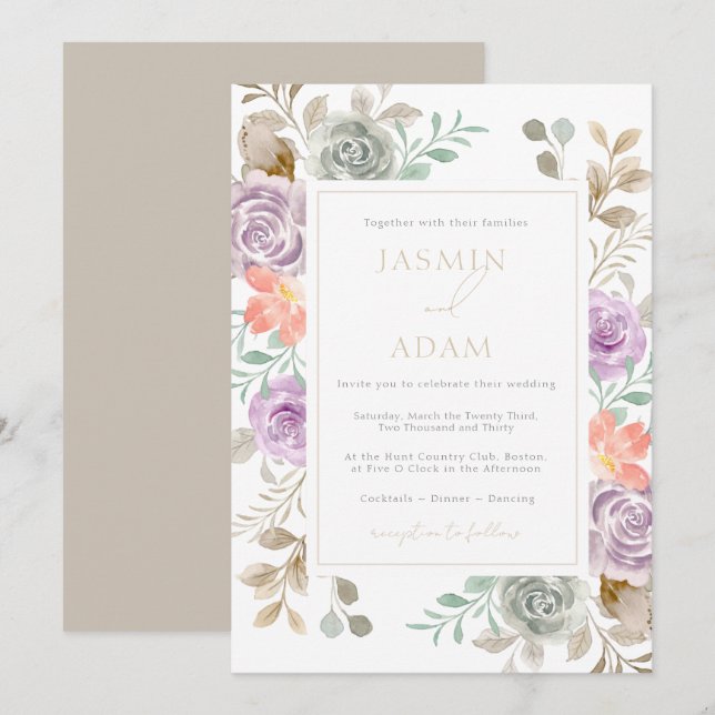 Convite Casamento de Rosa em Aguarela Lilás Elegante (Frente/Verso)