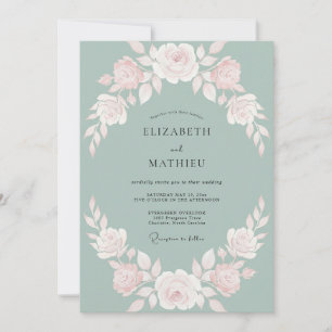 Convite Casamento de Rosa em Aquarela Delicada Sage