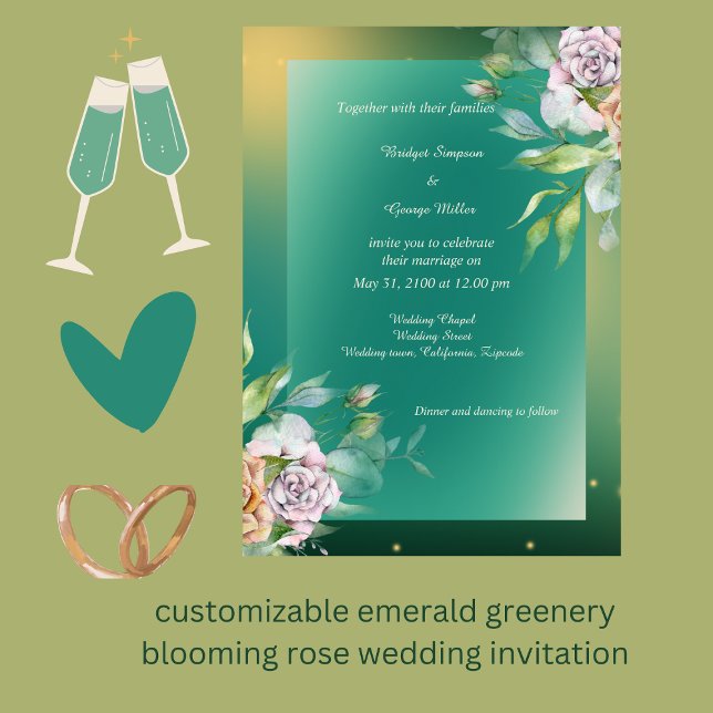Convite casamento de rosa emerald greenery florescente (customizable emerald greenery blooming rose wedding invitation by wedding Hobinishop)