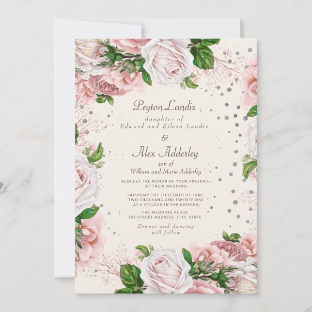 Convite Casamento de Rosa Floral Empoeirada com Brilho Pra (Frente)